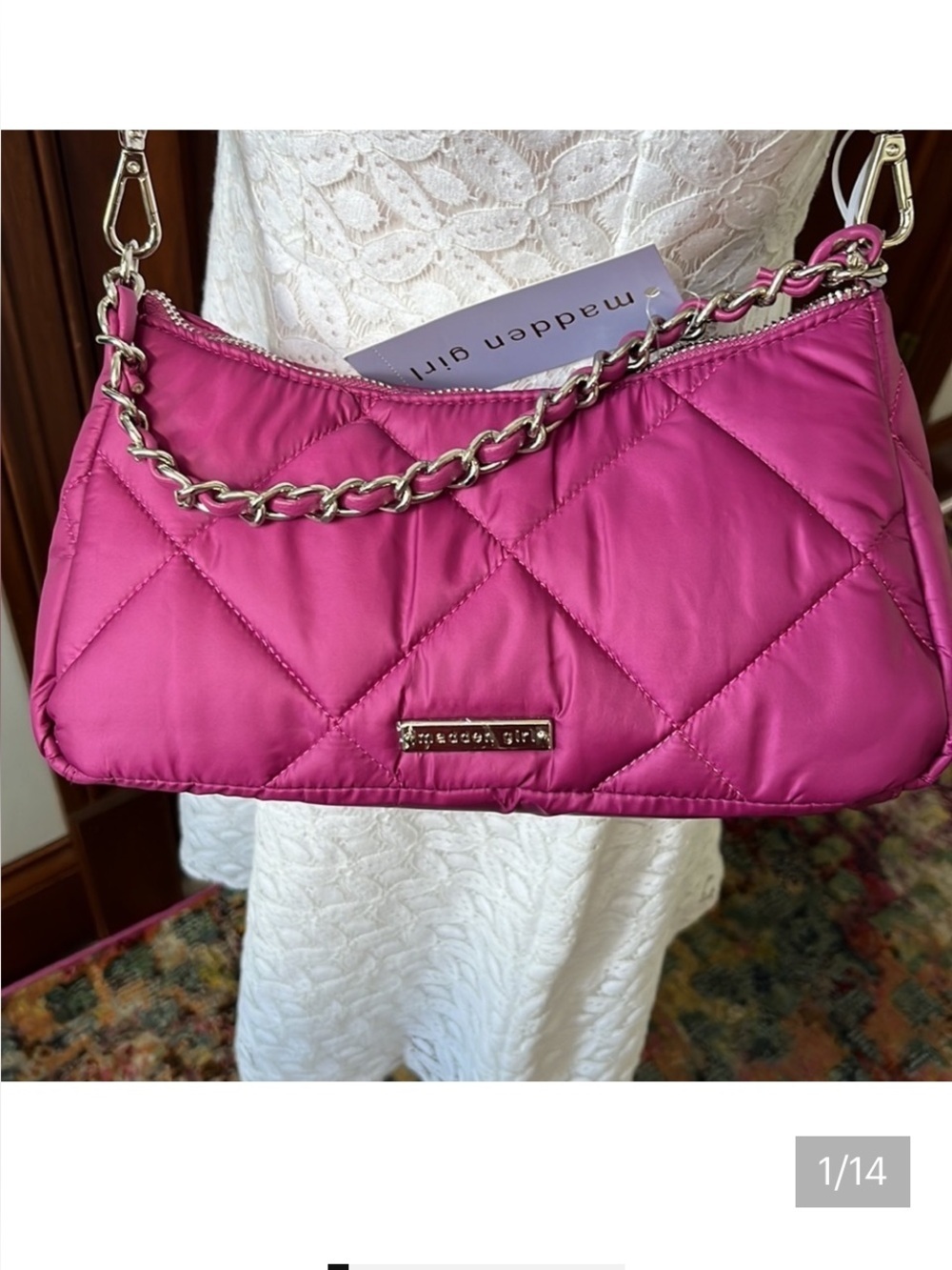 Madden girl  crossbody bag, Raspberry quilted nylon silver tone accents   NWT